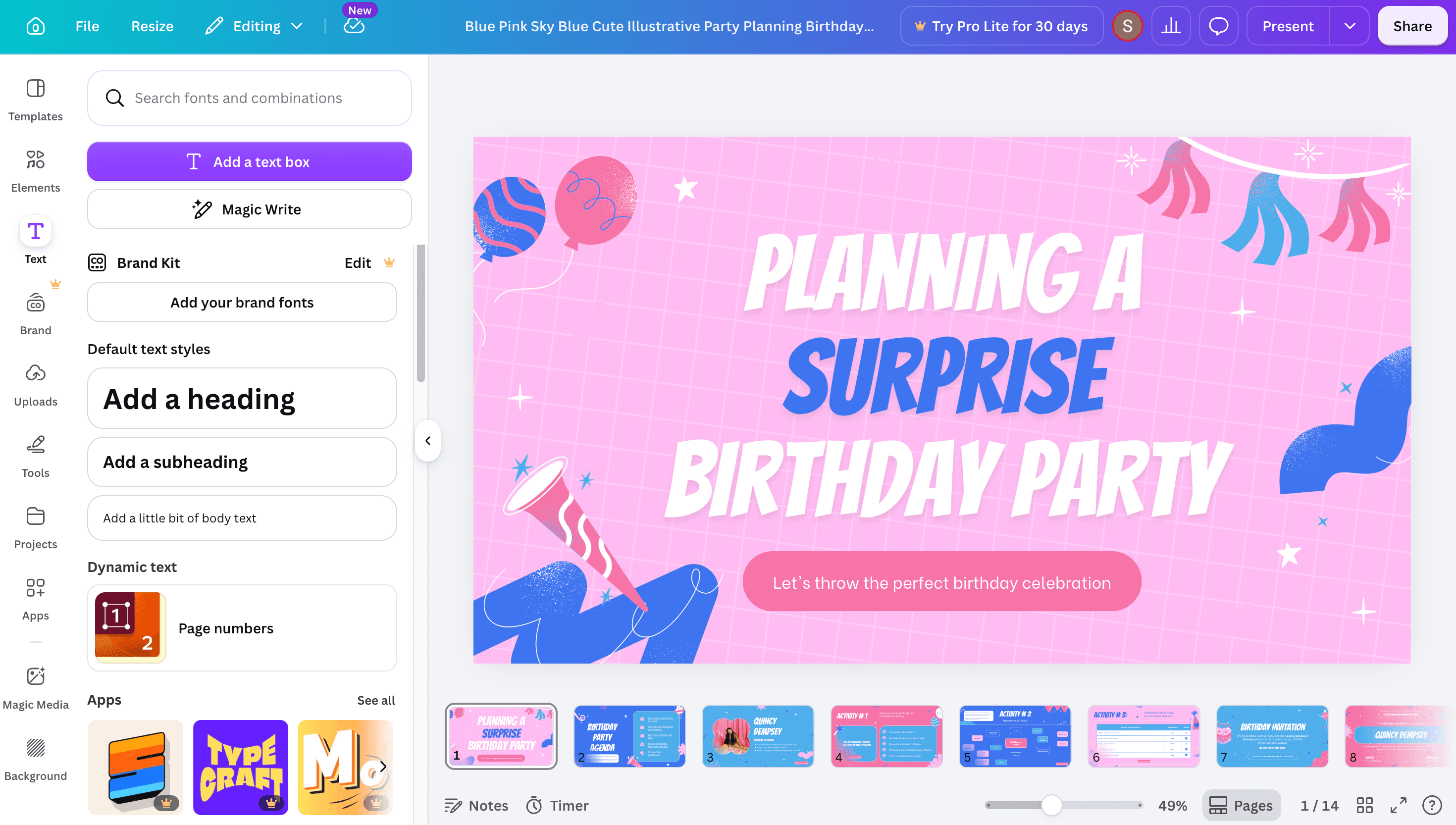 Canva editor workspace with a birthday presentation open and editable page thumbnails.