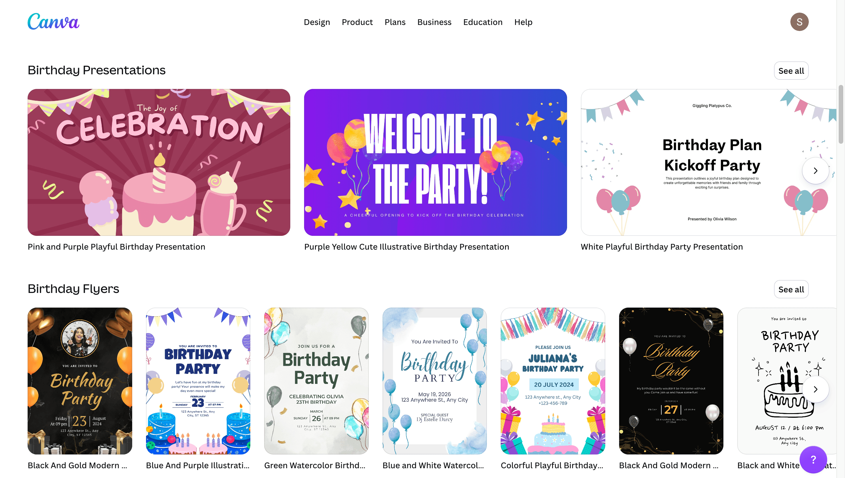 Canva template library showing birthday presentation and flyer templates.