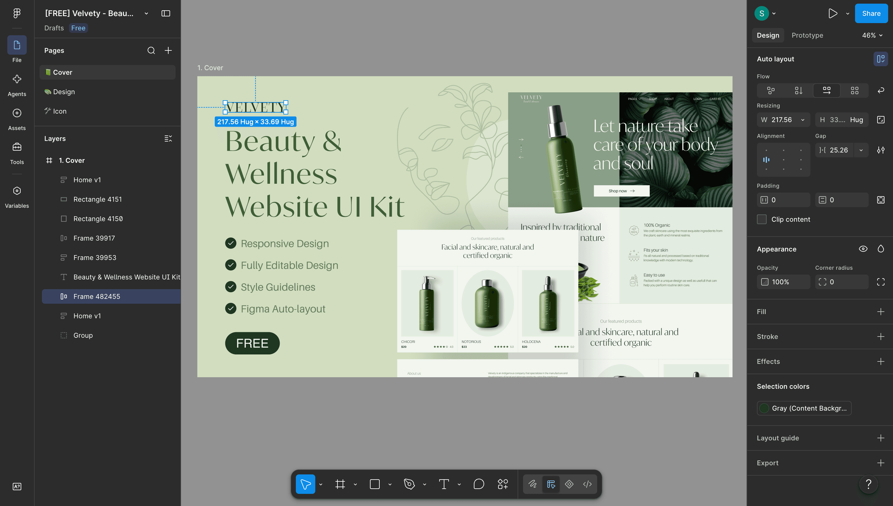 Figma design workspace showing frames, layers, auto layout, and design controls.