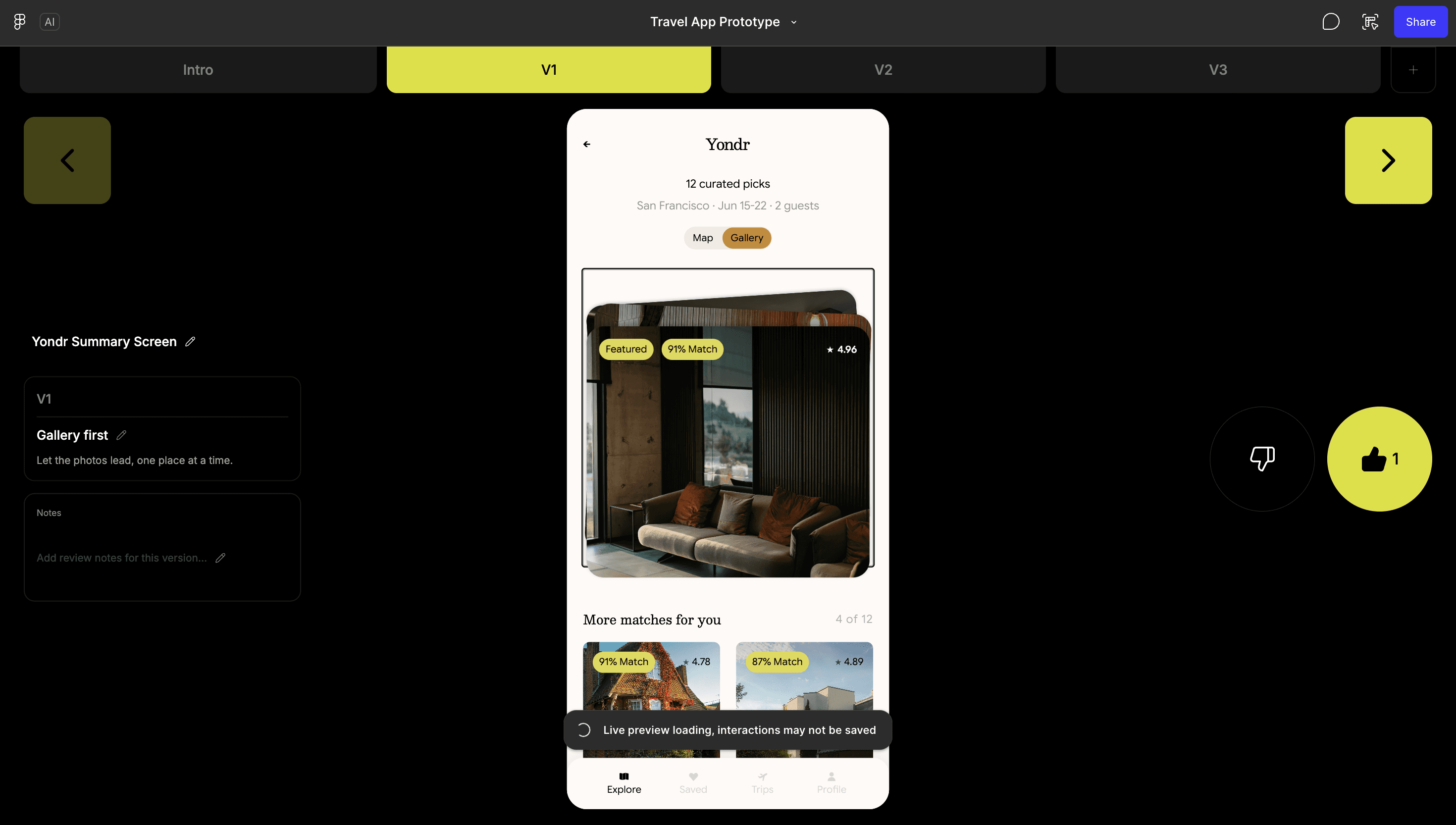 Figma prototype preview showing a mobile app screen and prototype navigation.