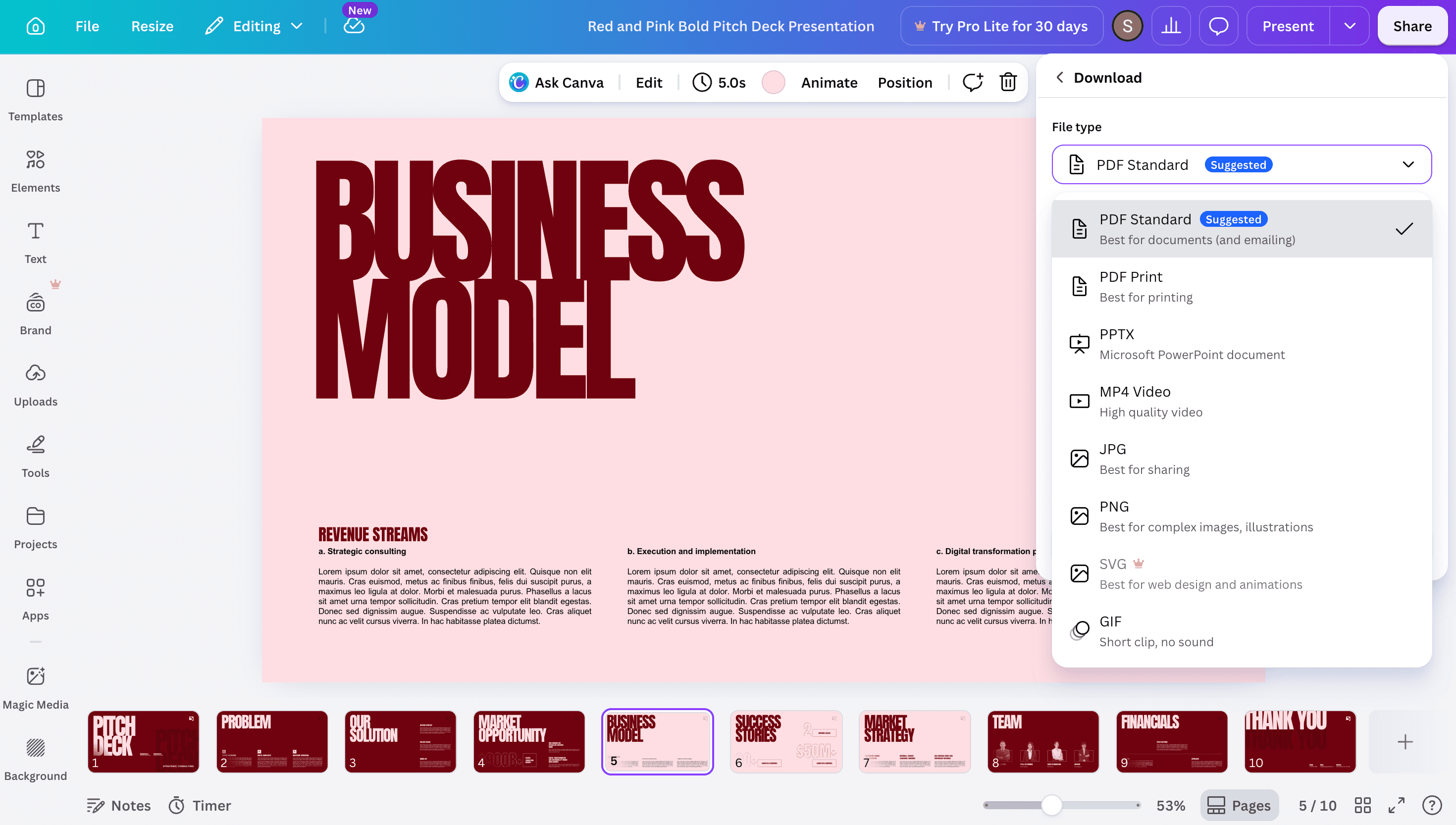 Canva download panel showing PowerPoint or presentation export options.