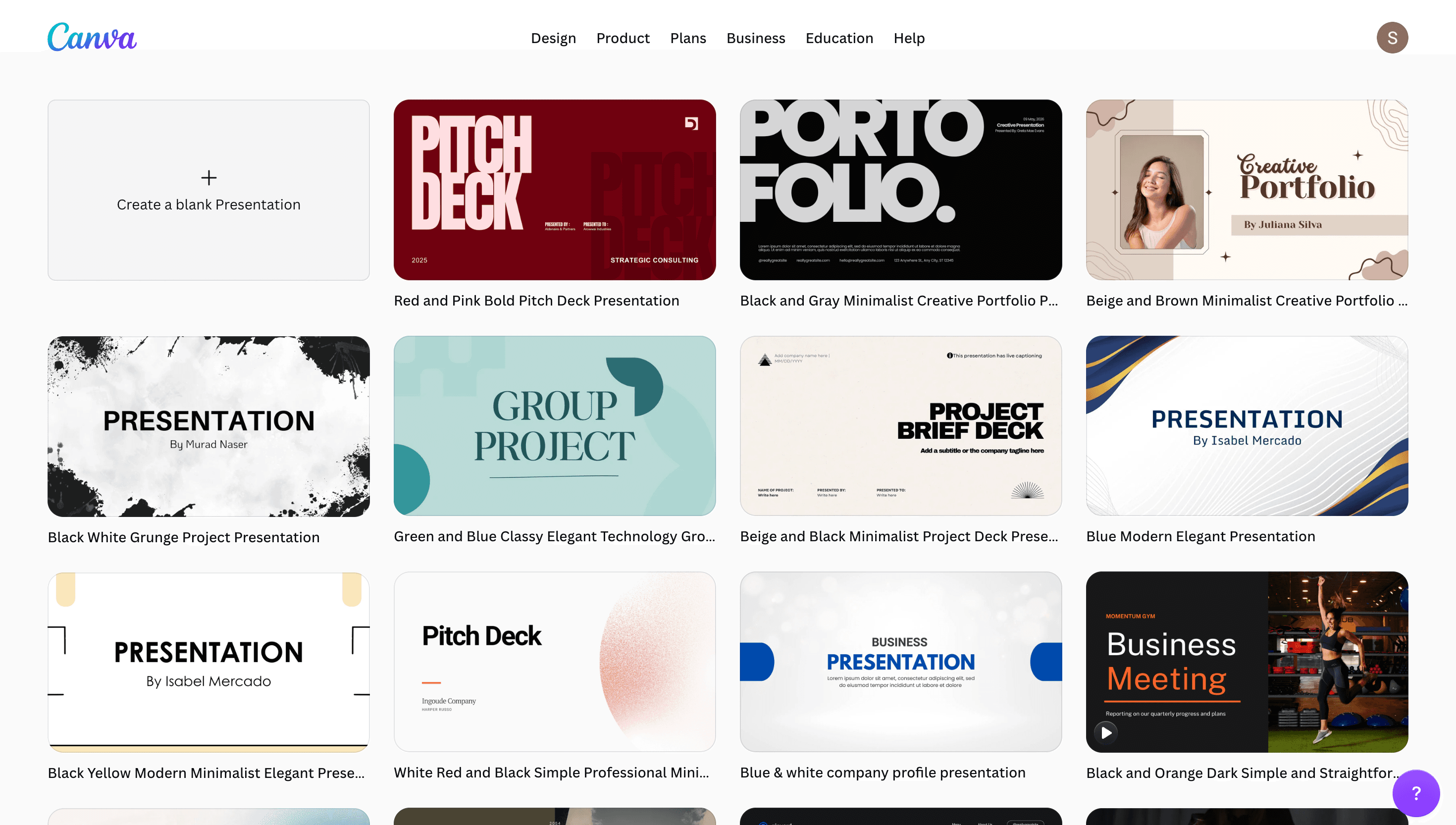 Canva presentation template library showing ready-made slide designs.