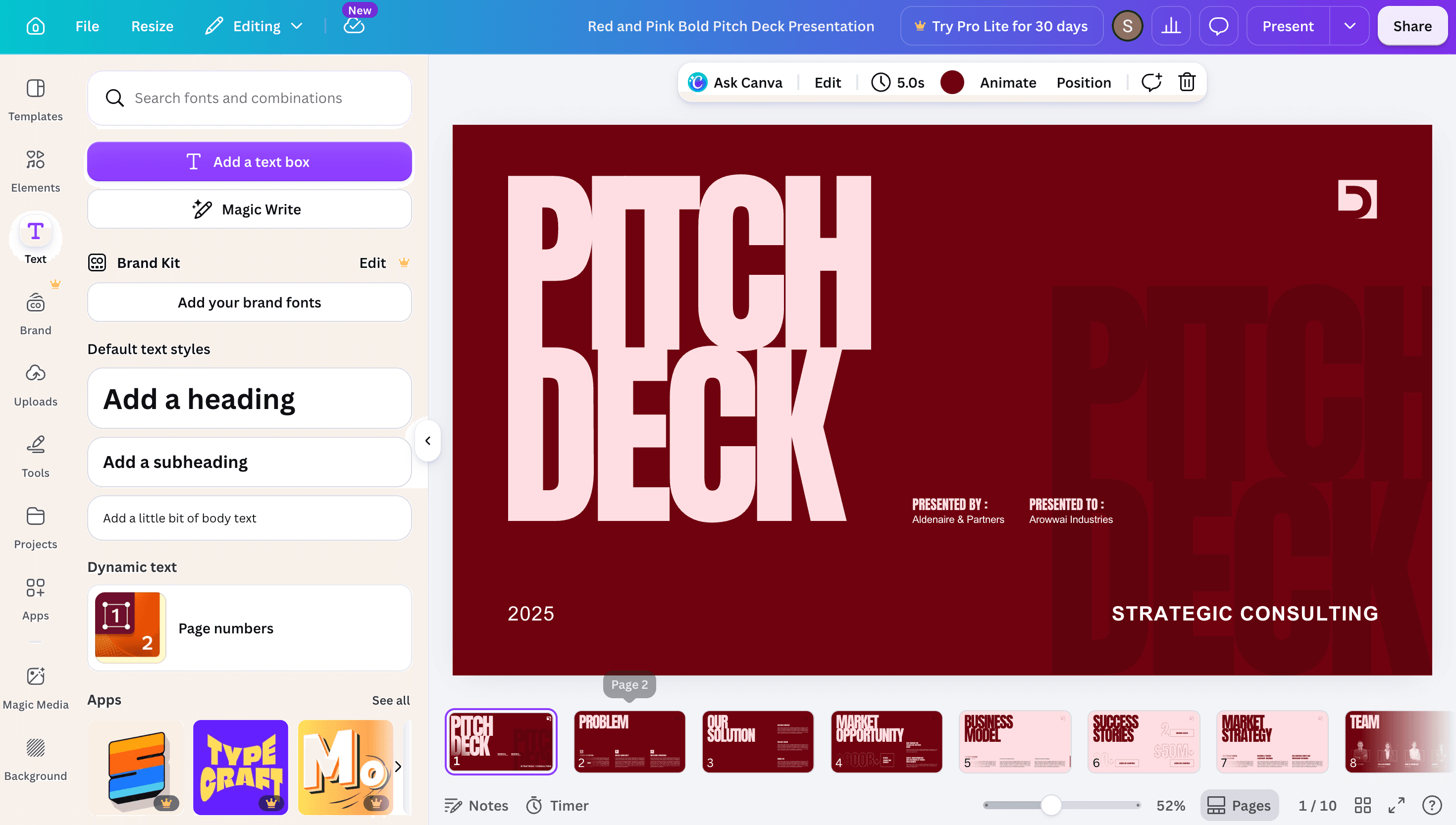 Canva slide editor showing a presentation open with editable pages and design controls.