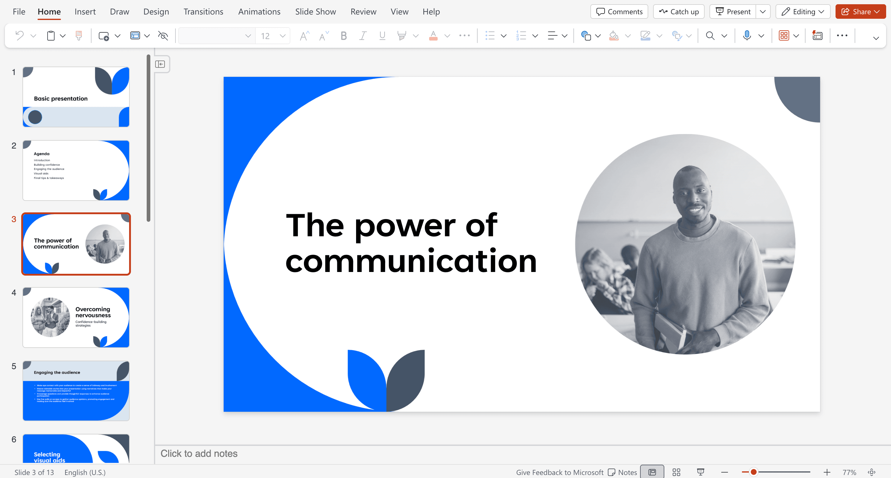 Microsoft PowerPoint editor workspace showing slide thumbnails and presentation editing controls.